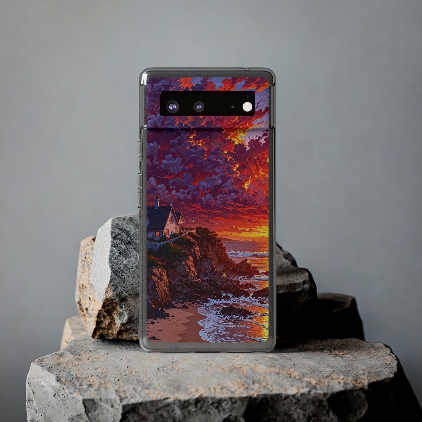 Vibrant Landscape Soft Phone Case - Sunset Beach House Design