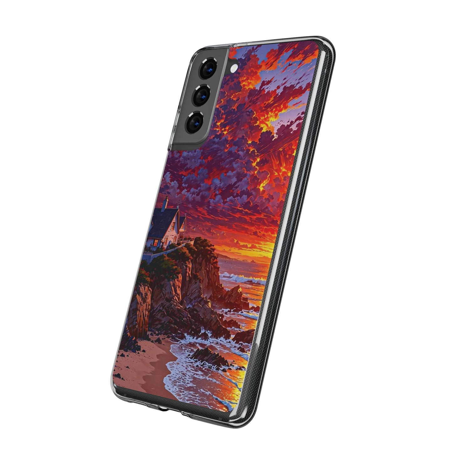 Vibrant Landscape Soft Phone Case - Sunset Beach House Design