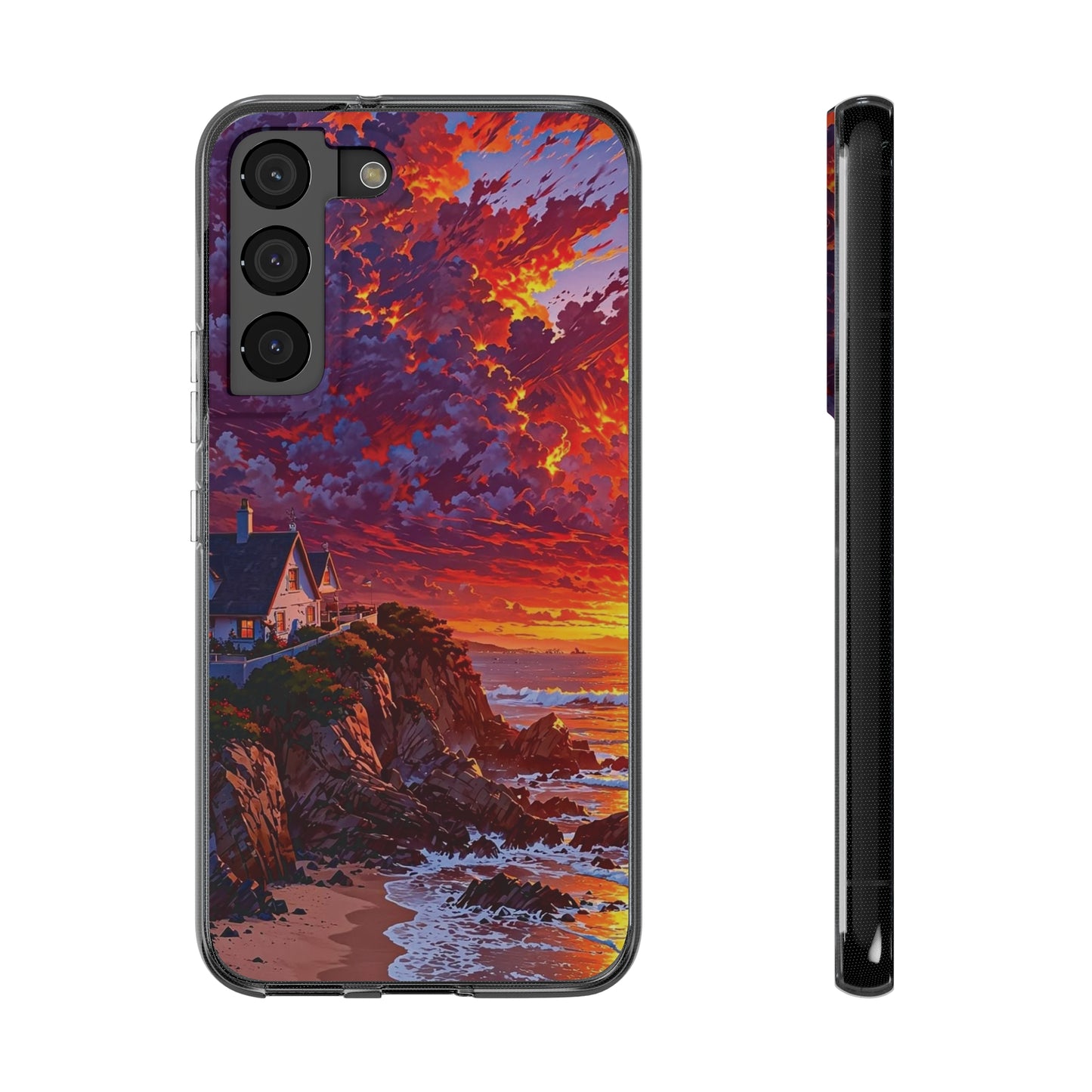 Vibrant Landscape Soft Phone Case - Sunset Beach House Design