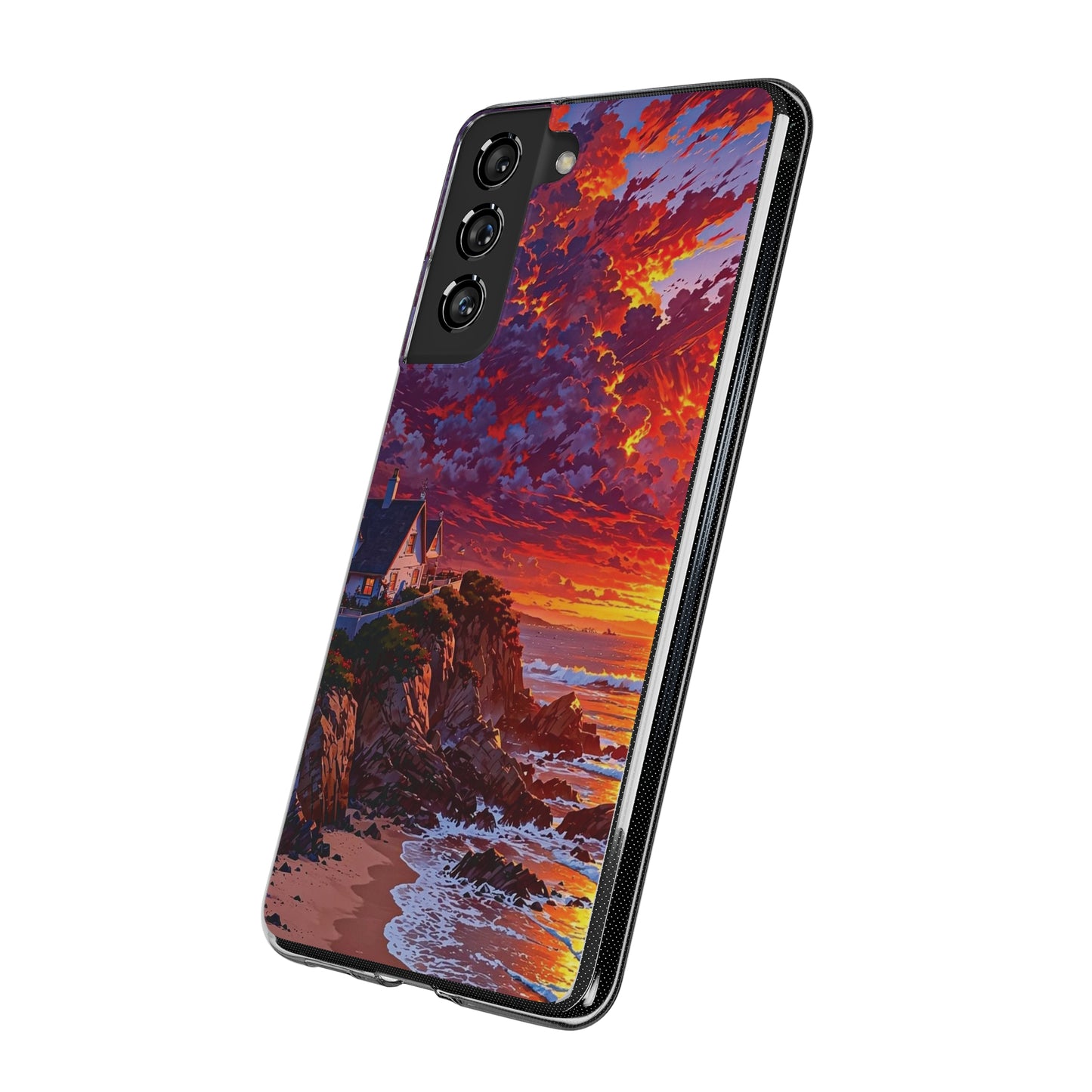 Vibrant Landscape Soft Phone Case - Sunset Beach House Design