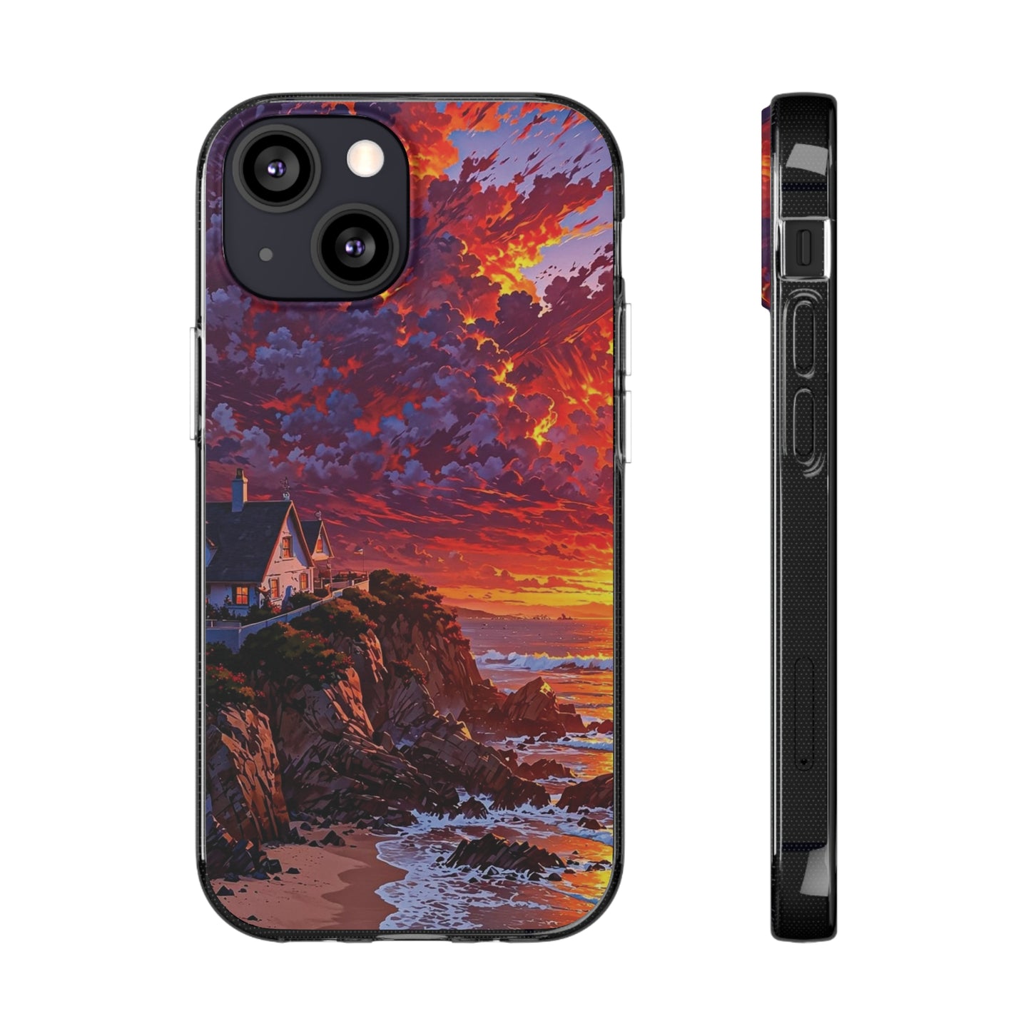 Vibrant Landscape Soft Phone Case - Sunset Beach House Design