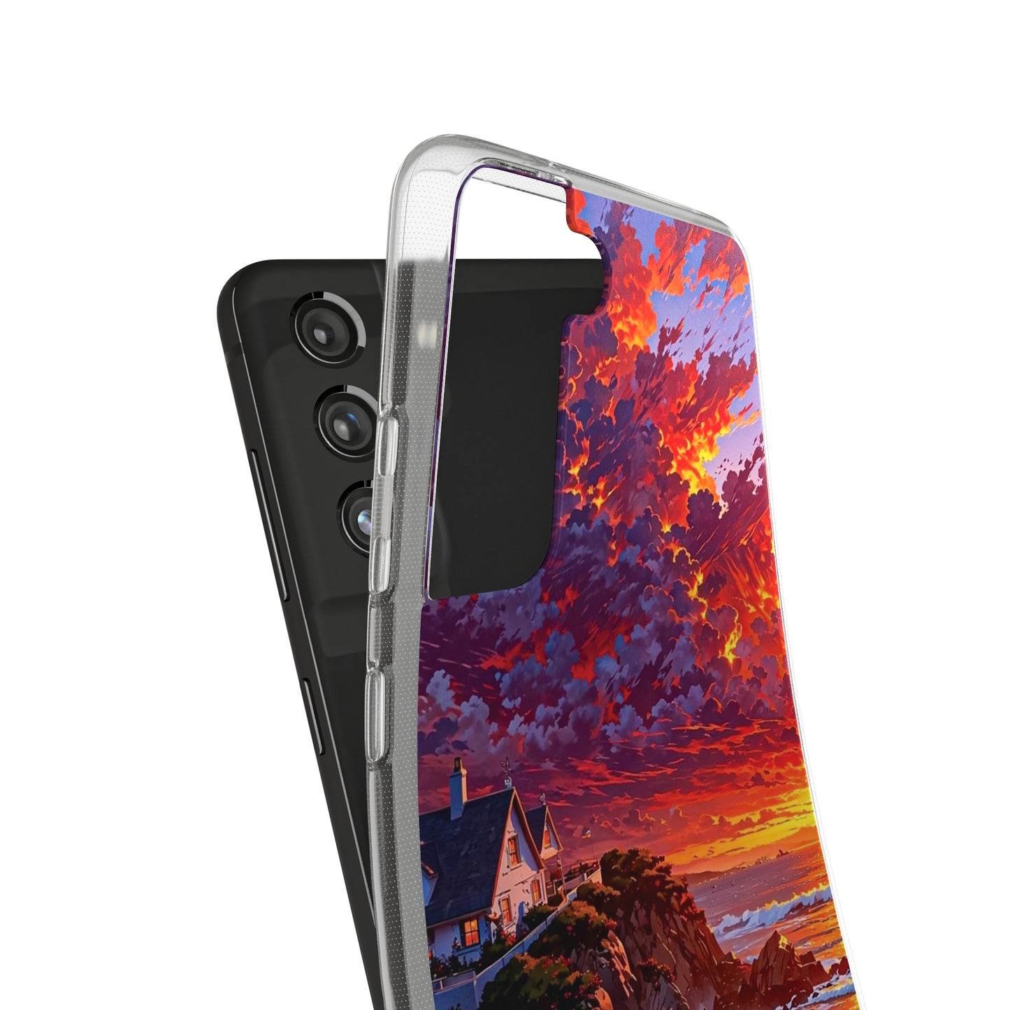 Vibrant Landscape Soft Phone Case - Sunset Beach House Design