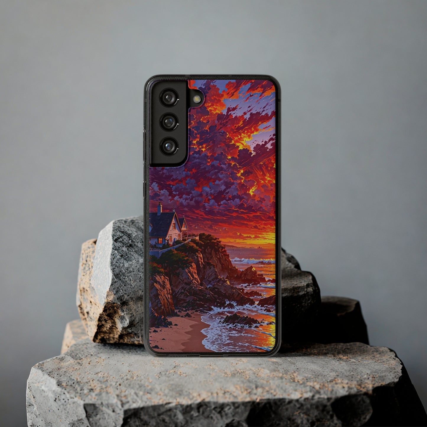 Vibrant Landscape Soft Phone Case - Sunset Beach House Design