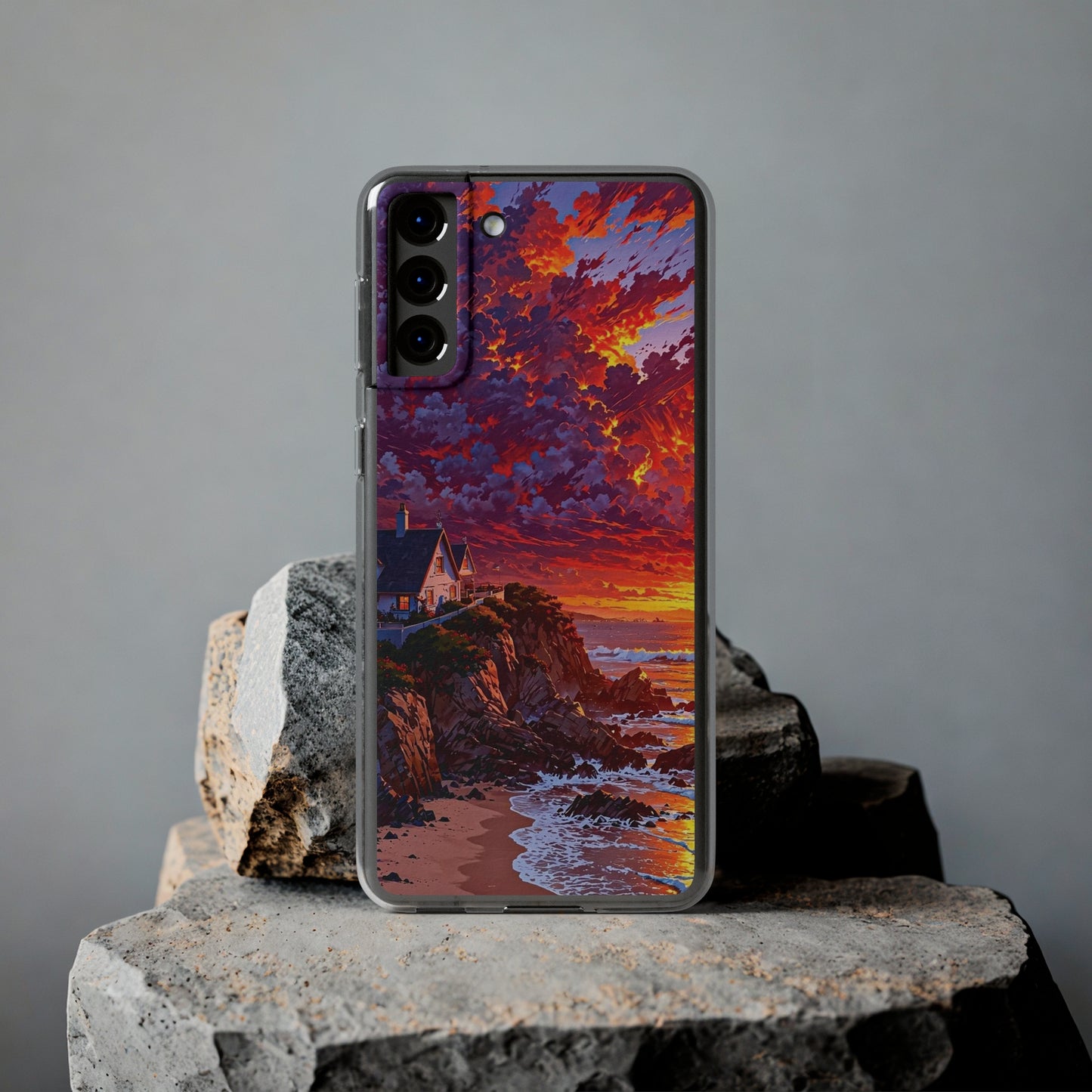 Vibrant Landscape Soft Phone Case - Sunset Beach House Design