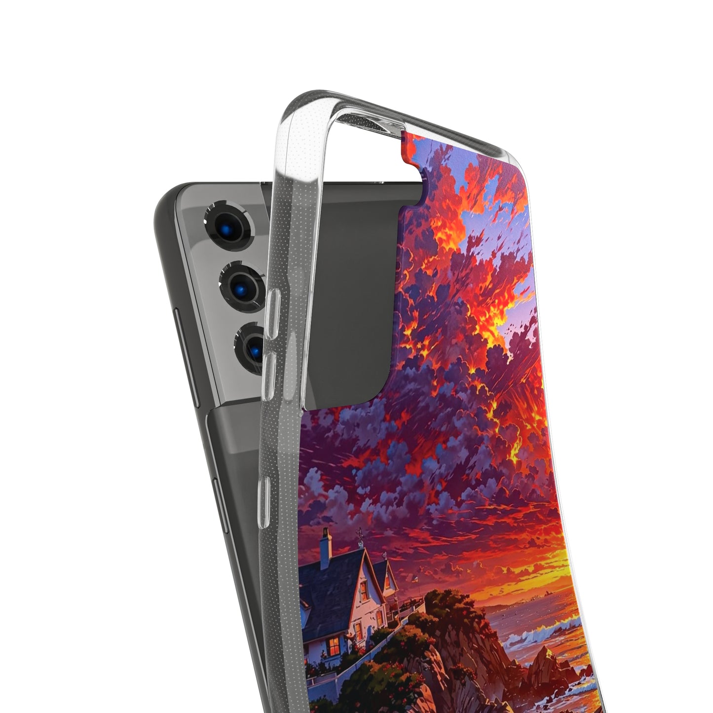 Vibrant Landscape Soft Phone Case - Sunset Beach House Design