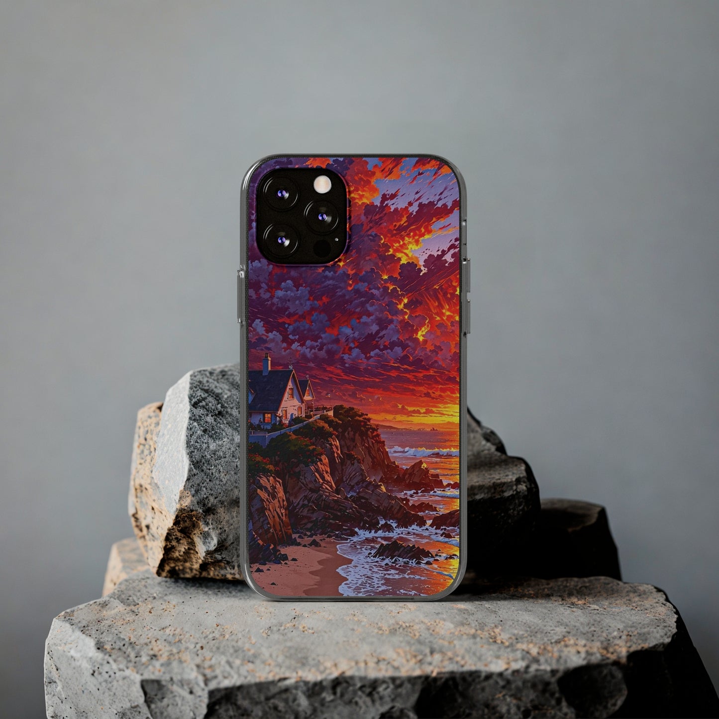Vibrant Landscape Soft Phone Case - Sunset Beach House Design