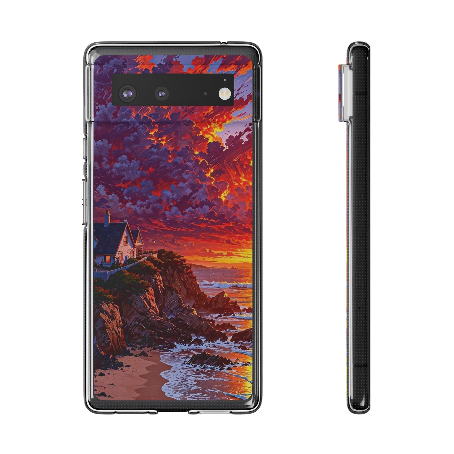 Vibrant Landscape Soft Phone Case - Sunset Beach House Design