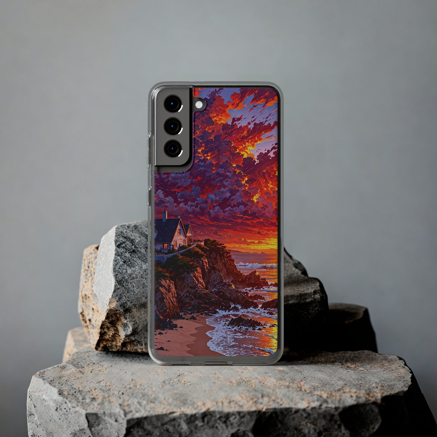 Vibrant Landscape Soft Phone Case - Sunset Beach House Design