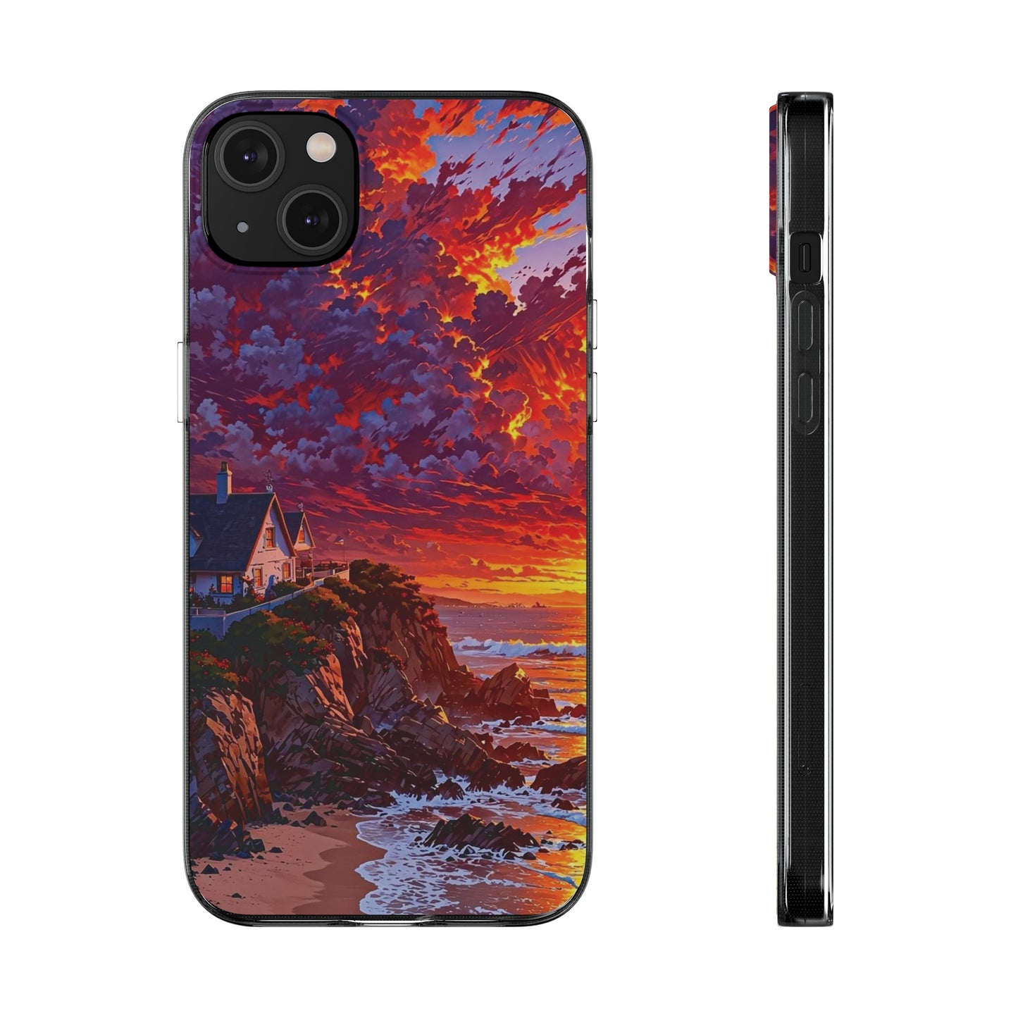 Vibrant Landscape Soft Phone Case - Sunset Beach House Design