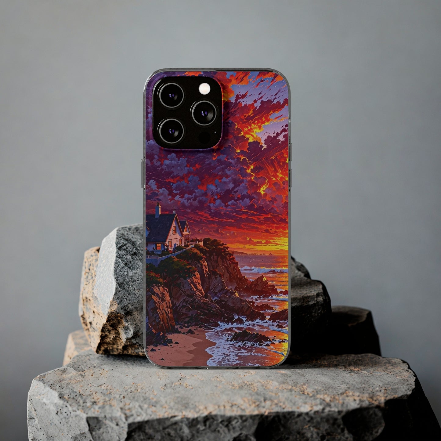 Vibrant Landscape Soft Phone Case - Sunset Beach House Design
