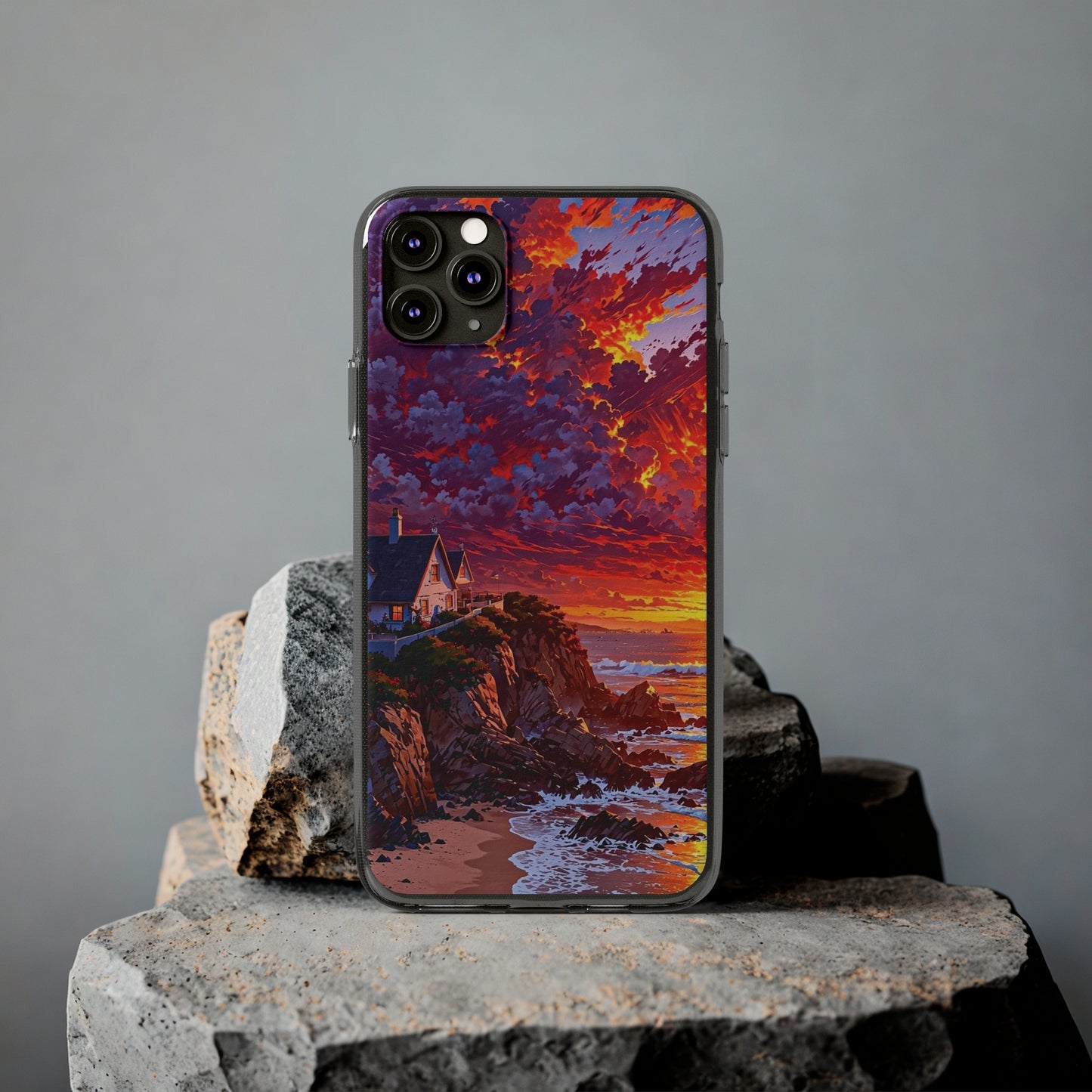 Vibrant Landscape Soft Phone Case - Sunset Beach House Design