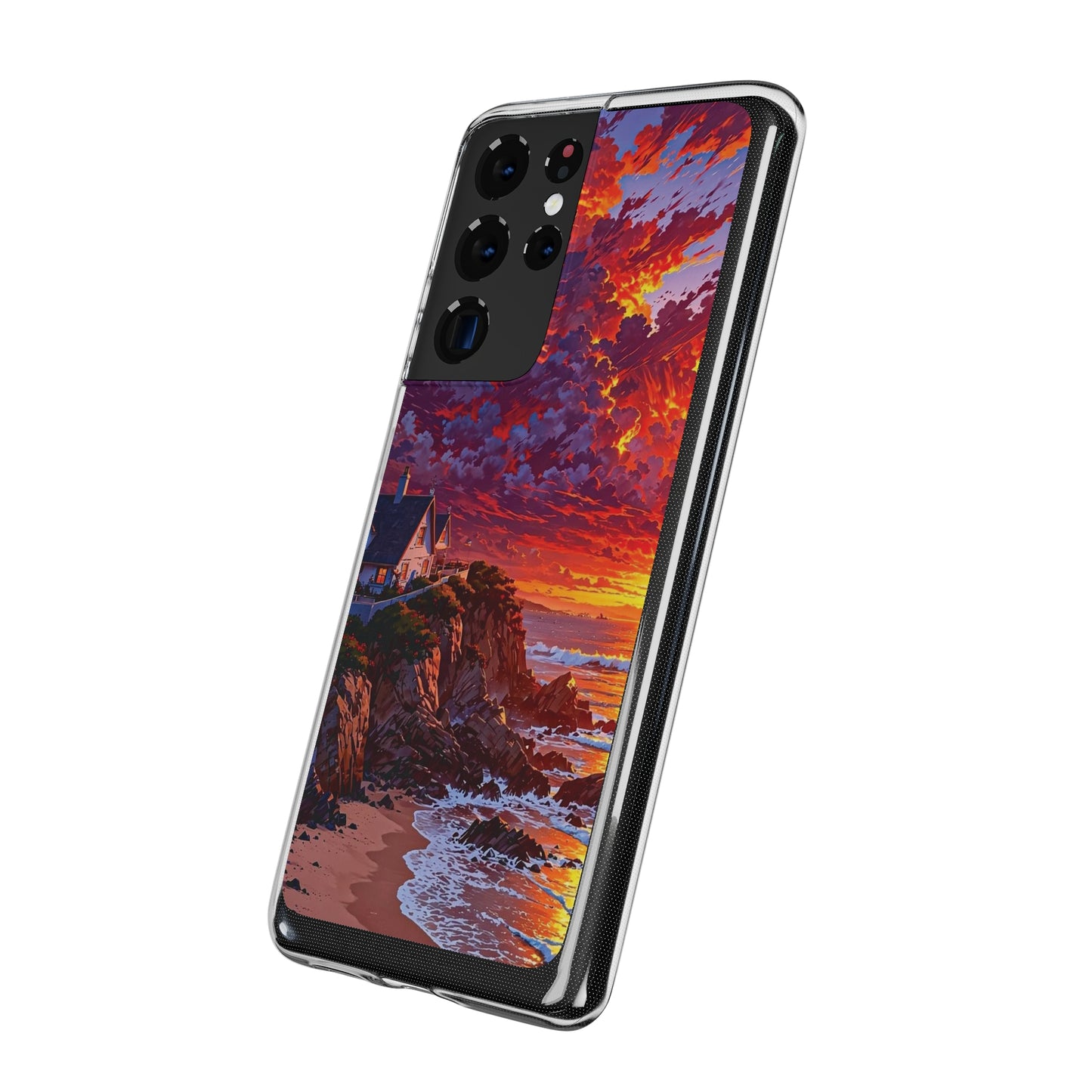 Vibrant Landscape Soft Phone Case - Sunset Beach House Design