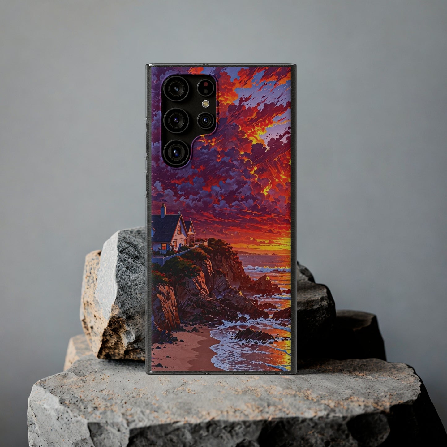 Vibrant Landscape Soft Phone Case - Sunset Beach House Design