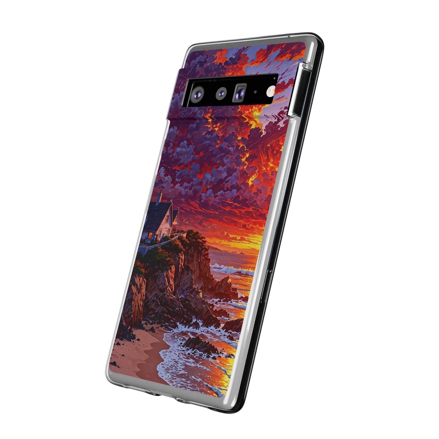 Vibrant Landscape Soft Phone Case - Sunset Beach House Design