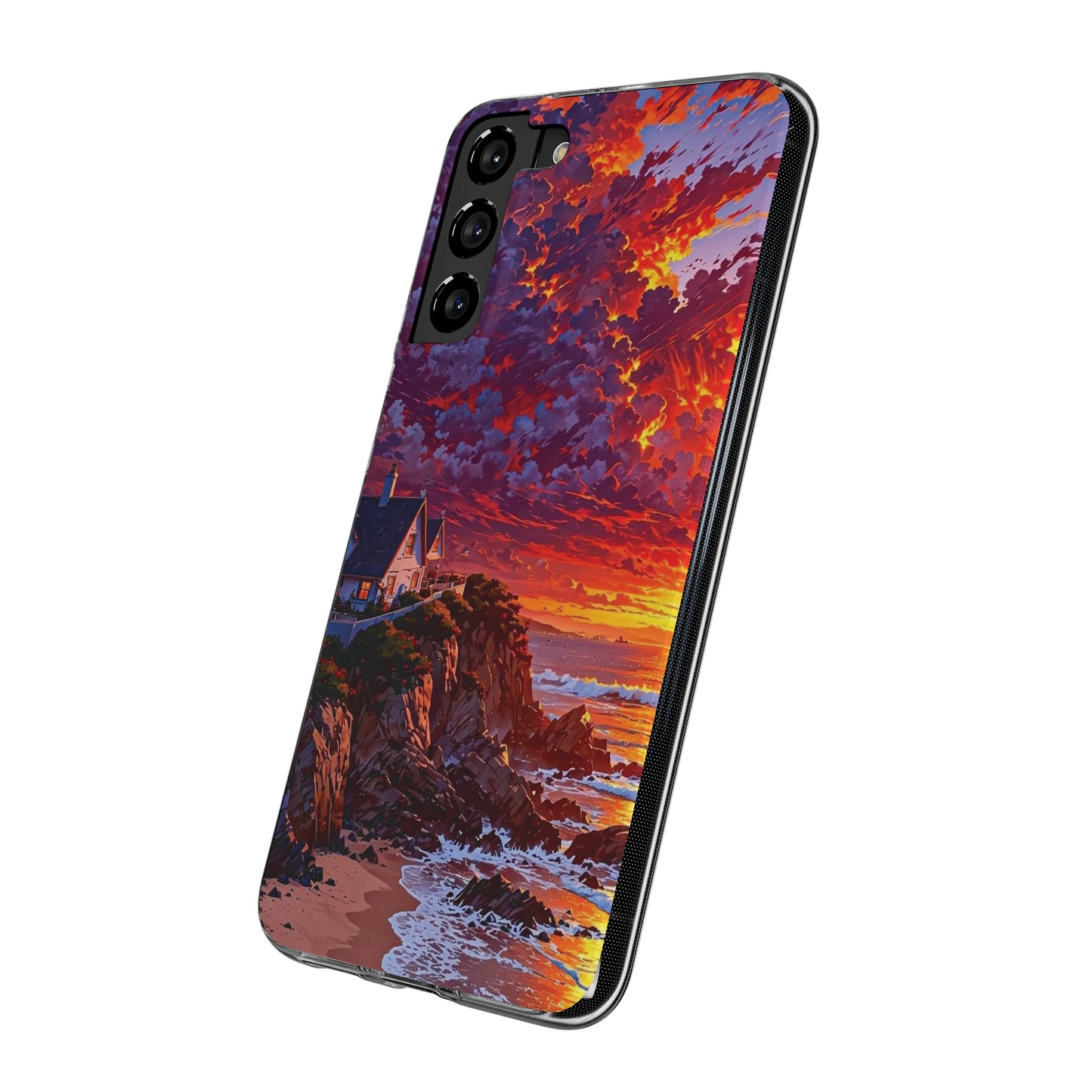 Vibrant Landscape Soft Phone Case - Sunset Beach House Design