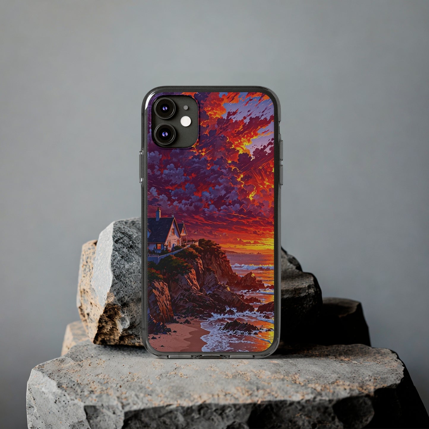 Vibrant Landscape Soft Phone Case - Sunset Beach House Design