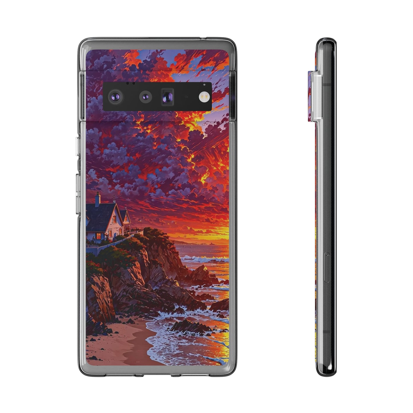 Vibrant Landscape Soft Phone Case - Sunset Beach House Design