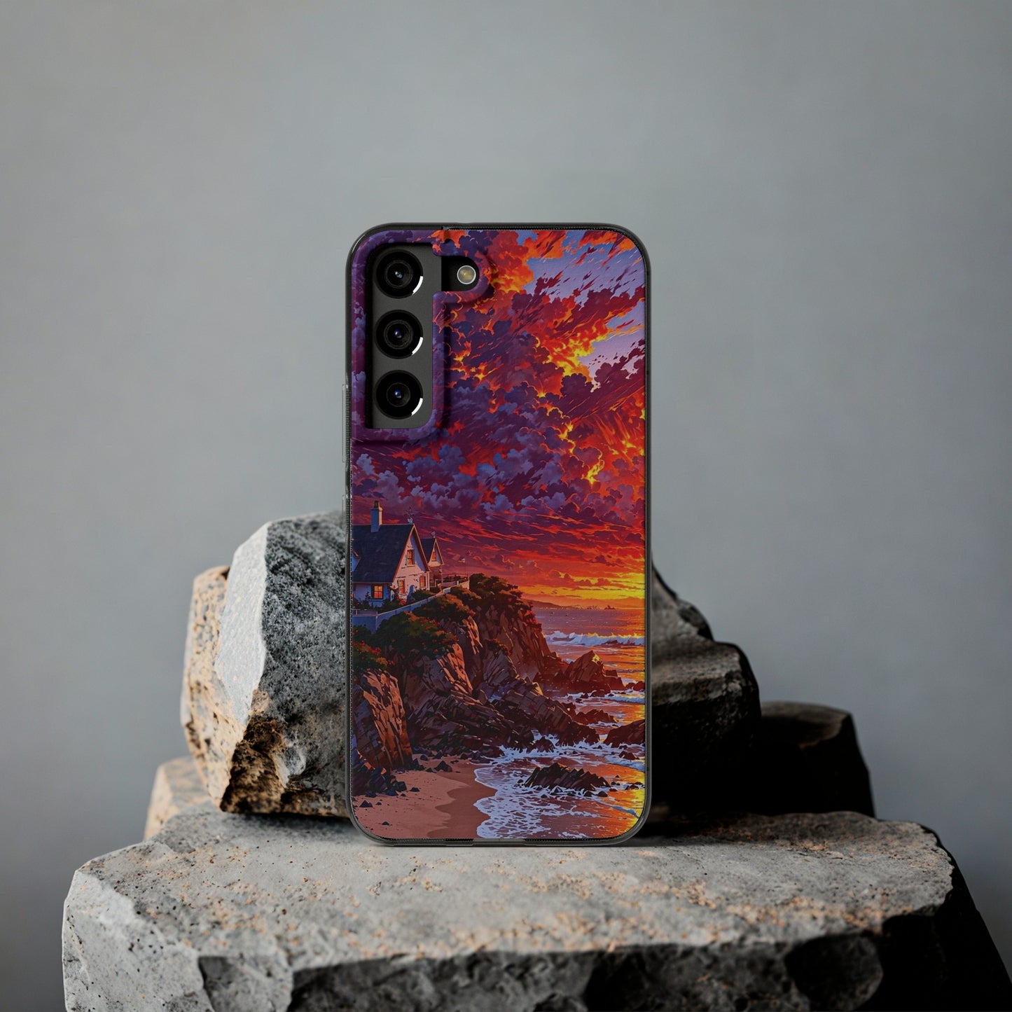 Vibrant Landscape Soft Phone Case - Sunset Beach House Design