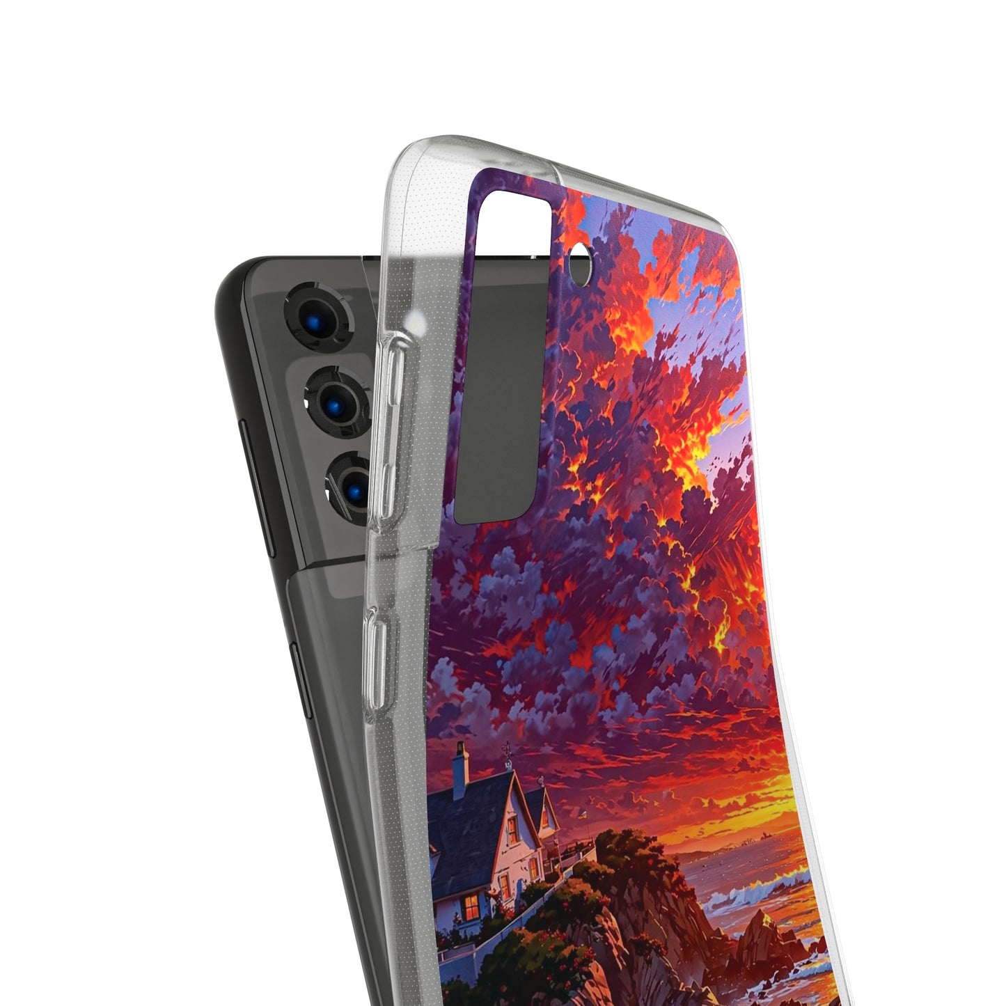 Vibrant Landscape Soft Phone Case - Sunset Beach House Design