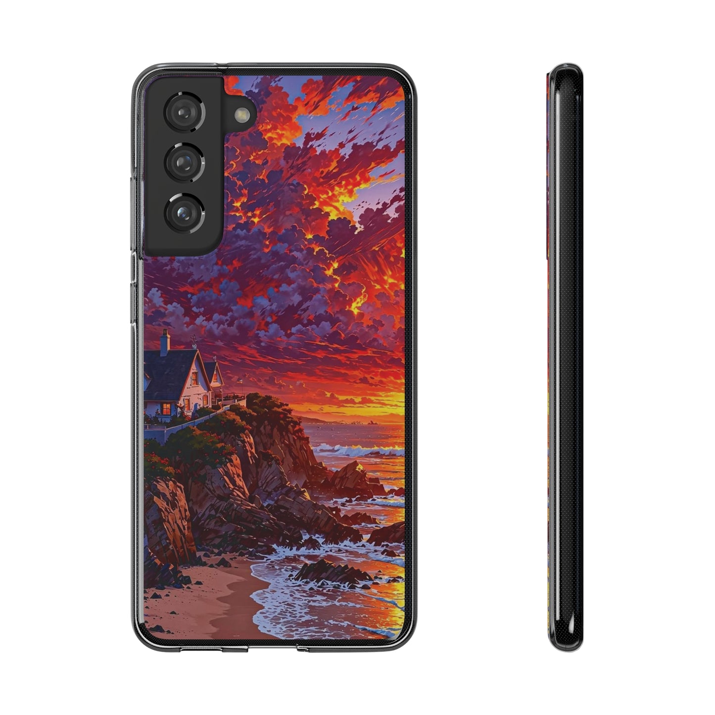 Vibrant Landscape Soft Phone Case - Sunset Beach House Design