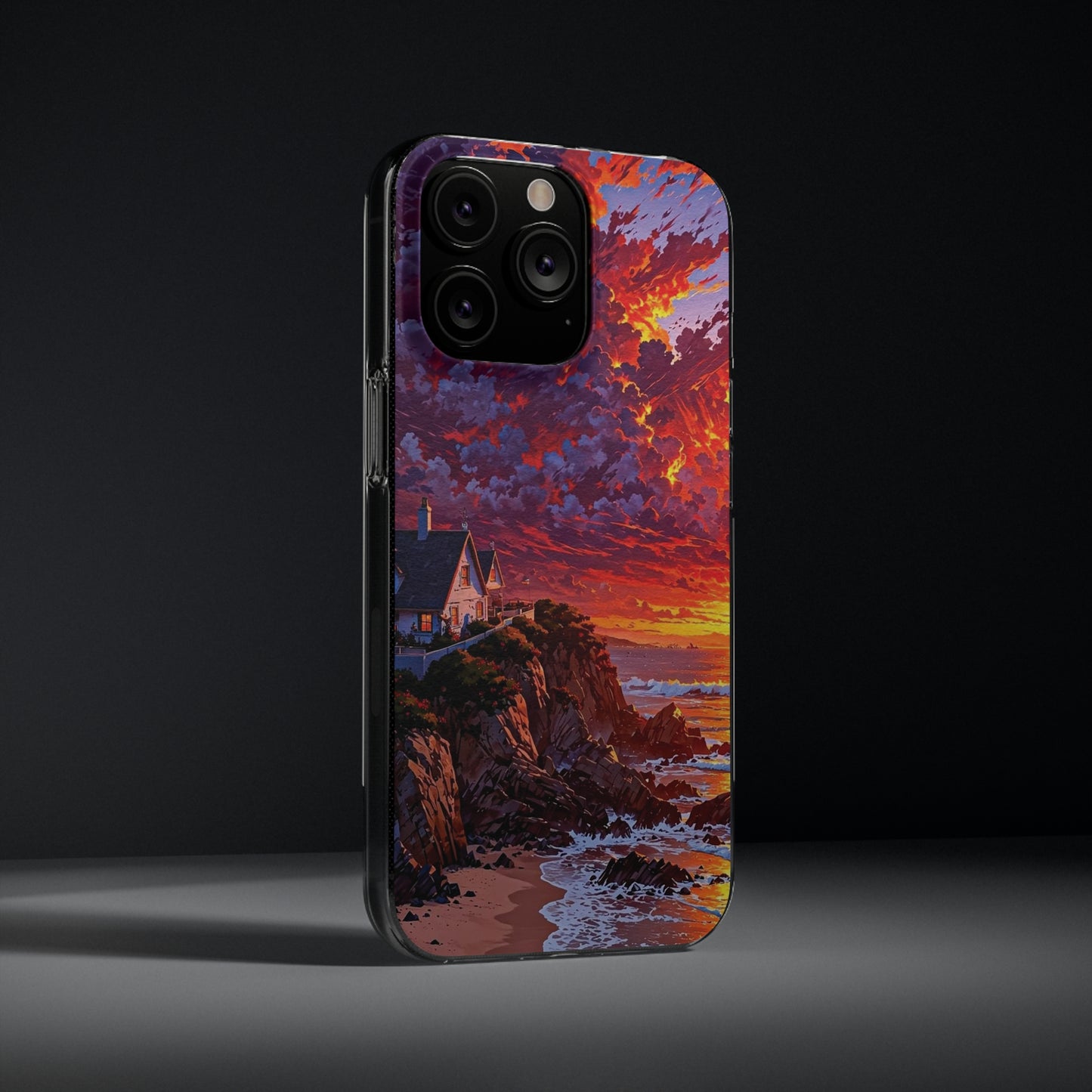 Vibrant Landscape Soft Phone Case - Sunset Beach House Design