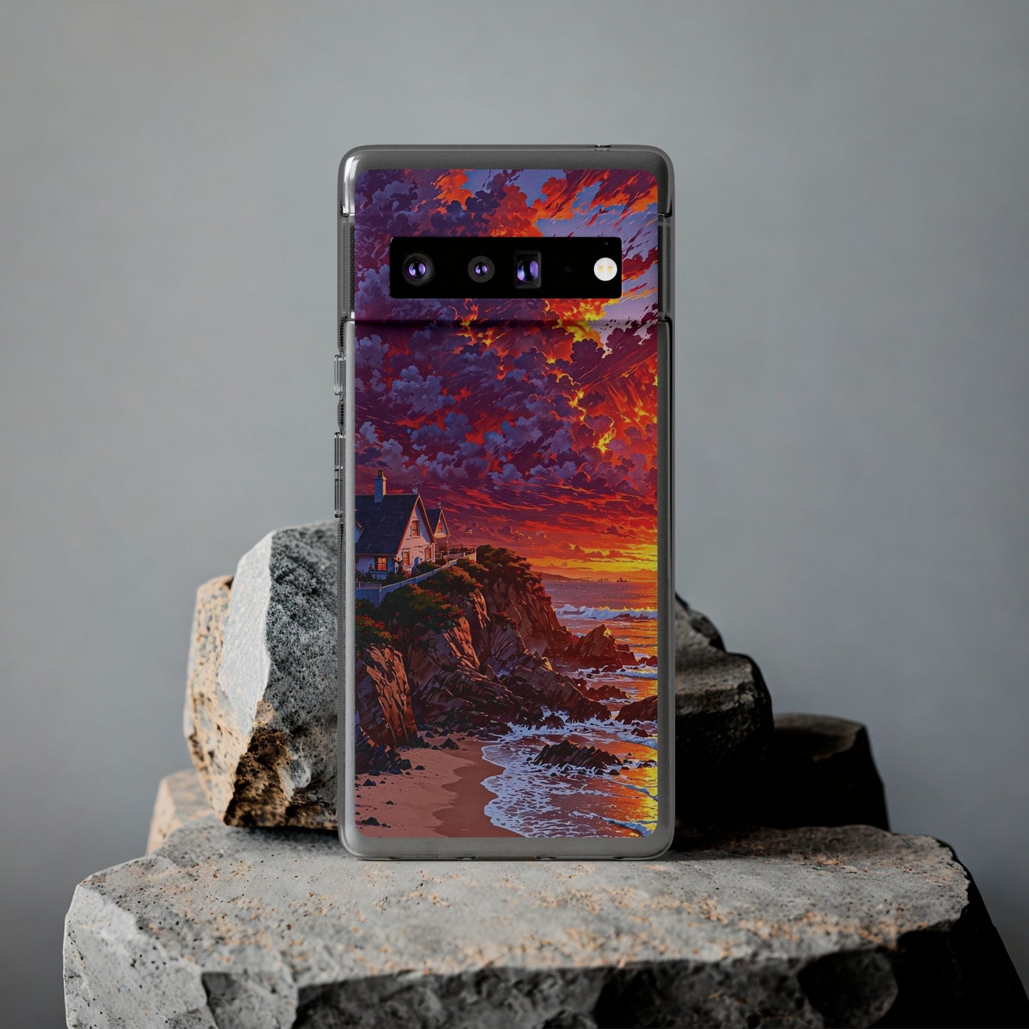 Vibrant Landscape Soft Phone Case - Sunset Beach House Design