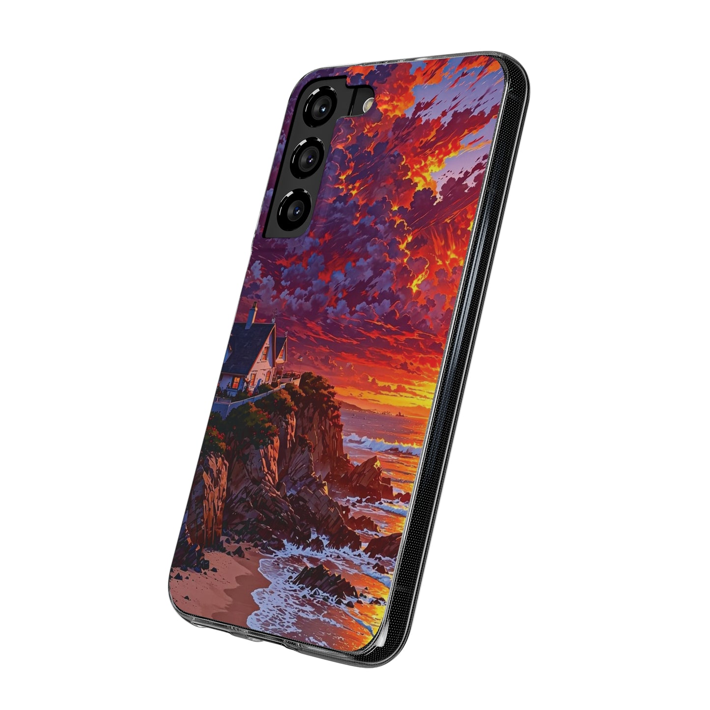 Vibrant Landscape Soft Phone Case - Sunset Beach House Design