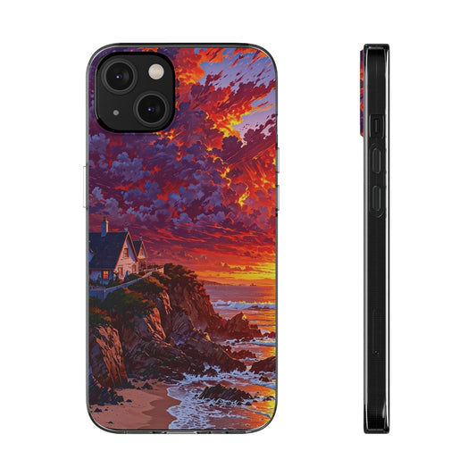 Vibrant Landscape Soft Phone Case - Sunset Beach House Design