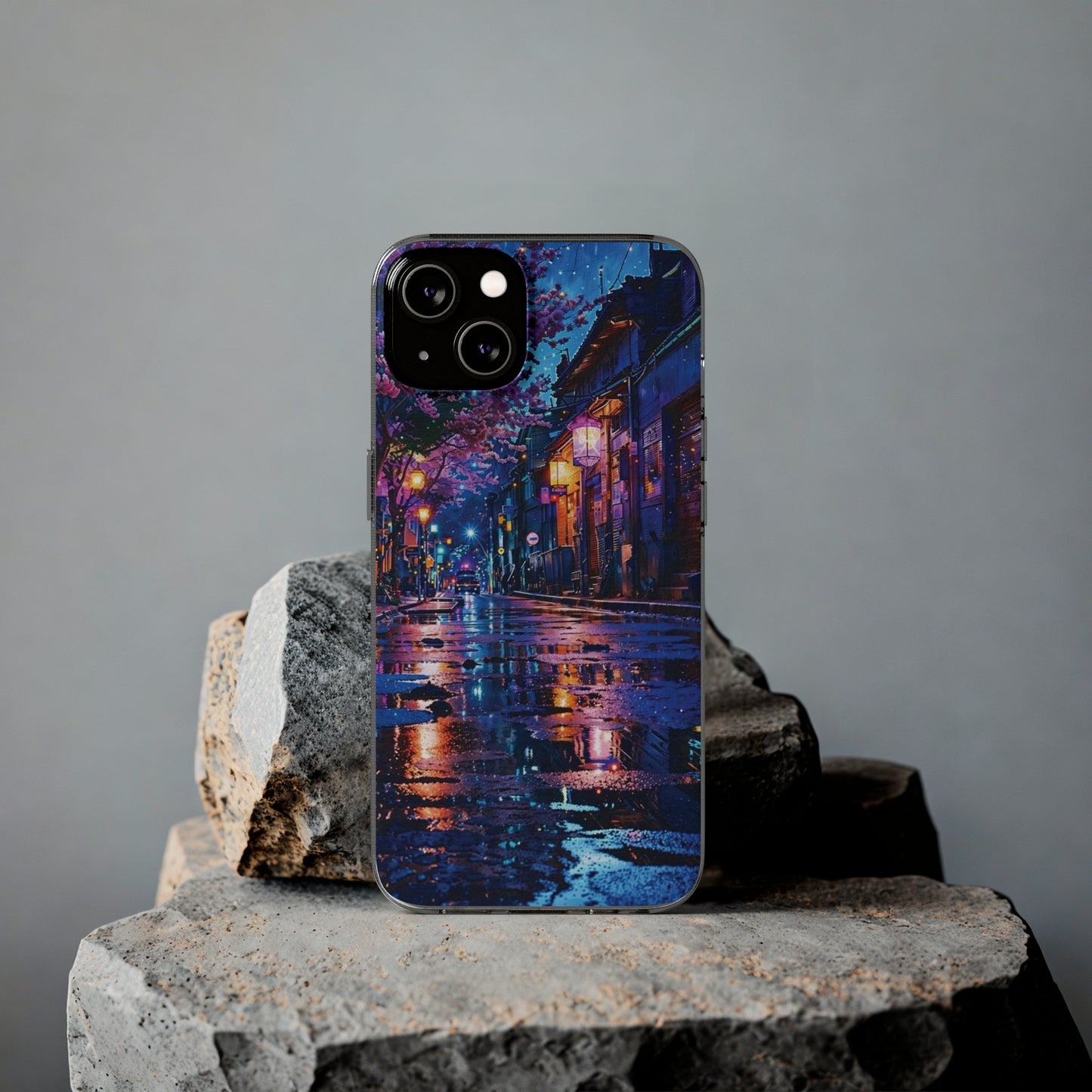 Artistic Nightscape Soft Phone Case - Vibrant Street Scene